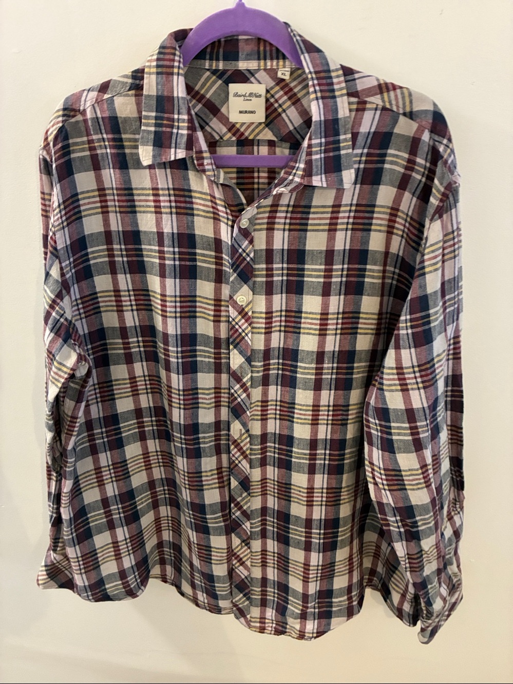 Irish Linen Murano Long Sleeve Men's Plaid Button-Down Shirt Blue Burgundy XL